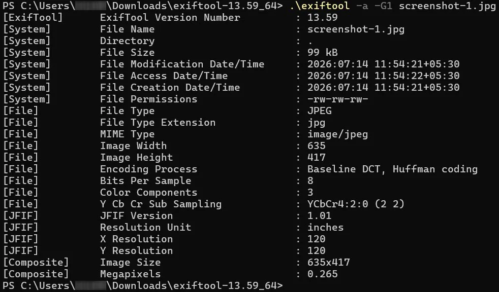 ExifTool metadata output for screenshot of original image