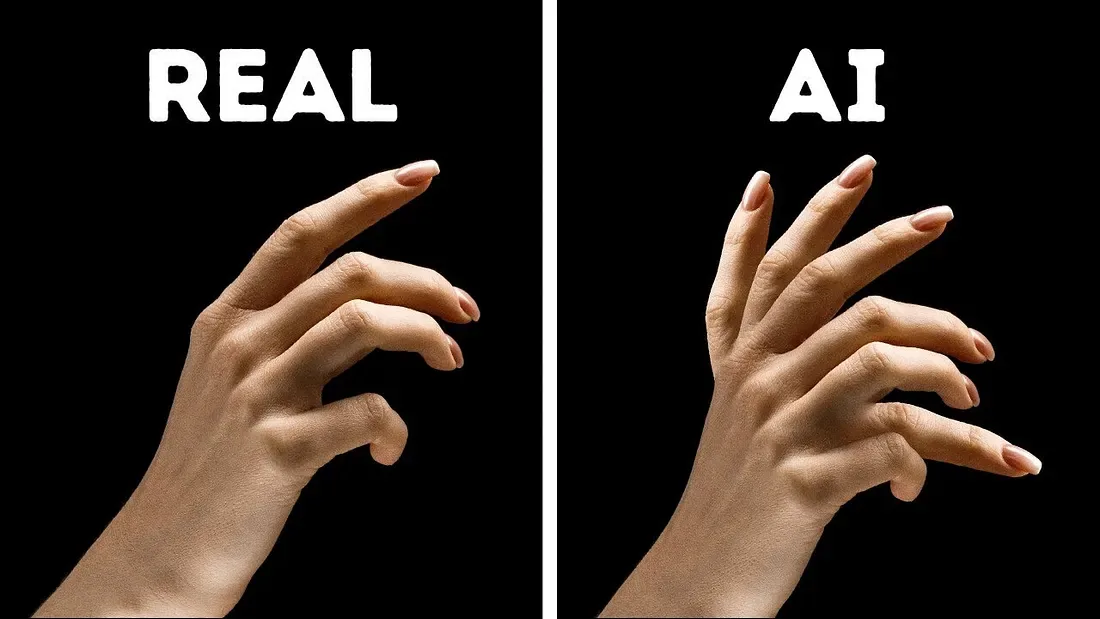 AI-generated hand with warped extra fingers shown next to a real hand