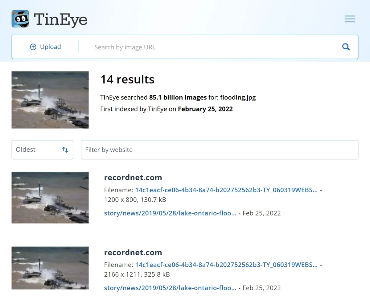 TinEye reverse image search results sorted oldest first, revealing the earliest known appearance of a viral disaster photo