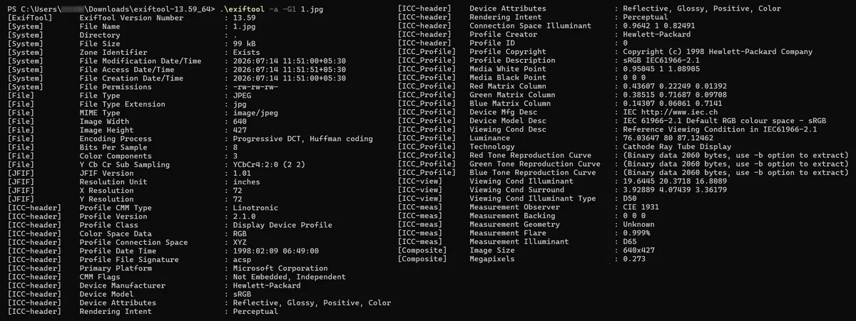 ExifTool metadata output for original image