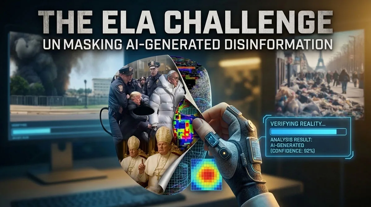 AI-generated disinformation detection concept with fake news images being analyzed and verified