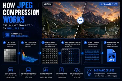 JPEG compression process showing original image, compressed version, and step-by-step encoding pipeline