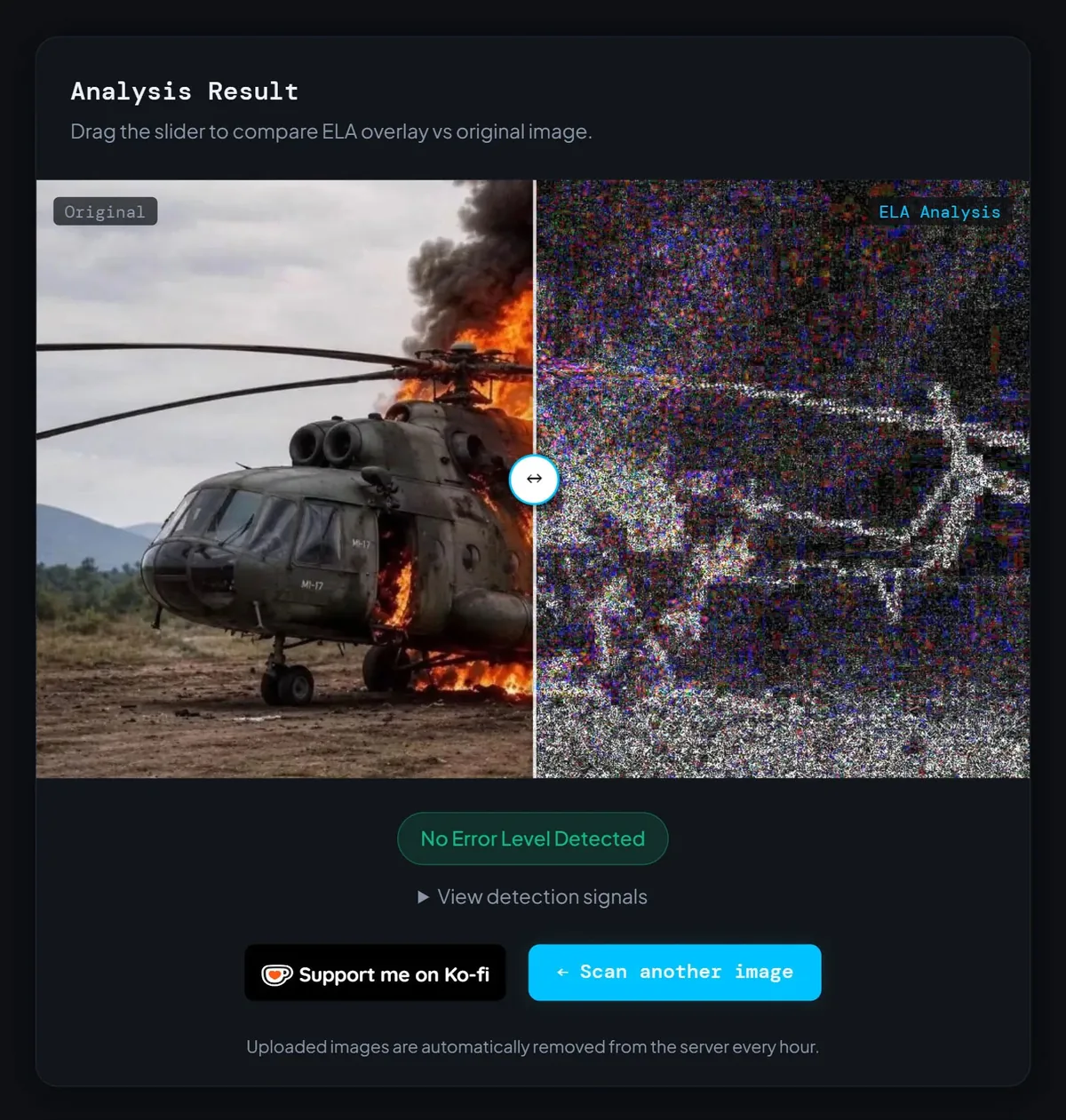 Fake image detector returning No Error Level Detected after the same fake image was screenshotted