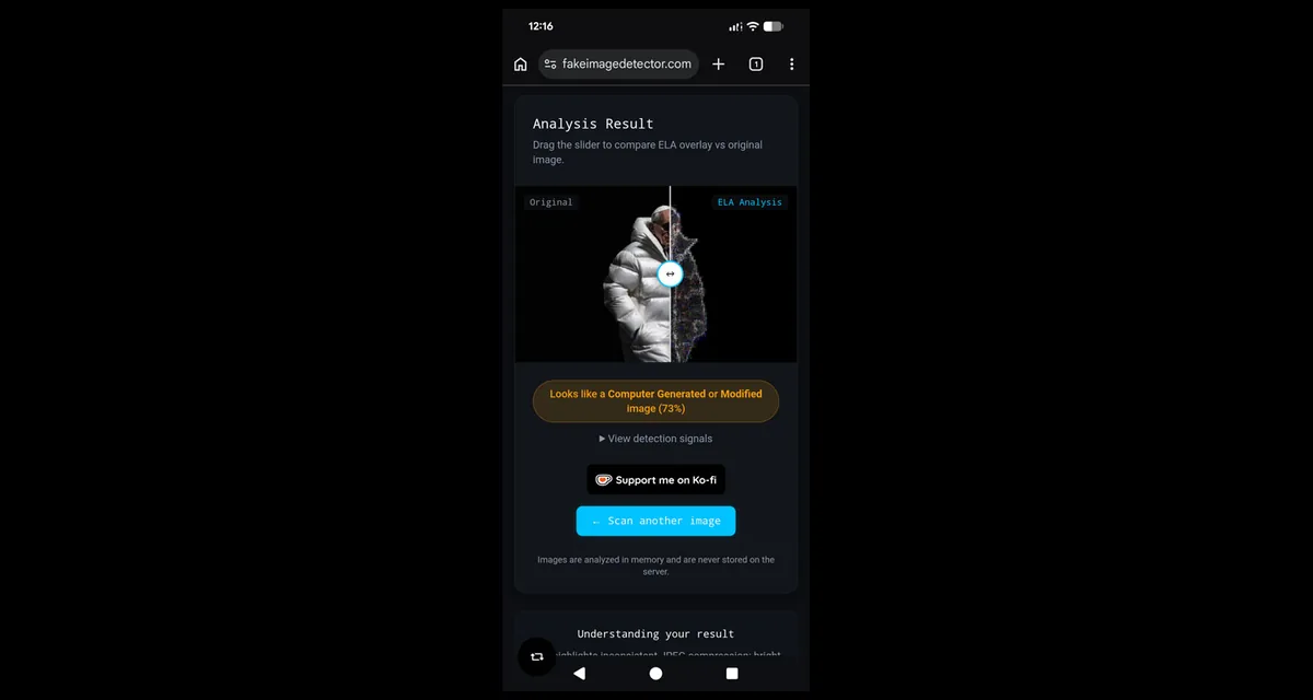 Fake Image Detector scan result on a phone