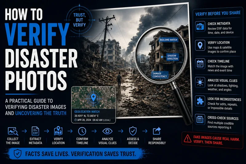 Guide to verifying disaster photos using metadata, location checks, and visual forensic analysis