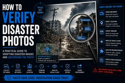 Guide to verifying disaster photos using metadata, location checks, and visual forensic analysis