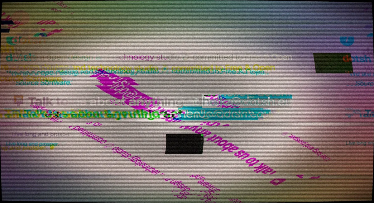 Digital abstract image featuring heavy glitch effects, scan lines, and distorted text