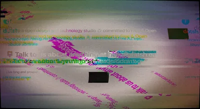 Digital abstract image featuring heavy glitch effects, scan lines, and distorted text