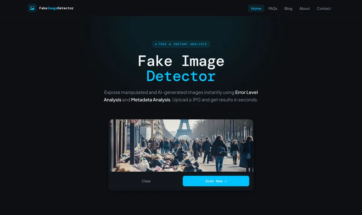 FakeImageDetector scanner with a test photo loaded and the Scan Now button ready