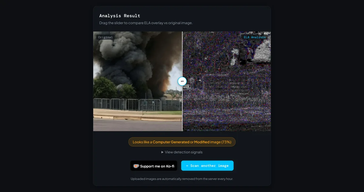 Error level analysis of the fake Pentagon explosion photo buzzing with noise across the entire frame at 73%