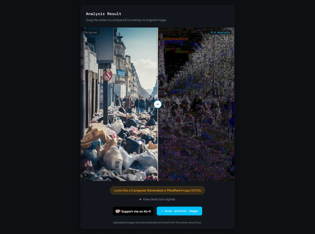 ELA map of an AI-generated Paris trash photo glowing with uniform noise and a 100% score