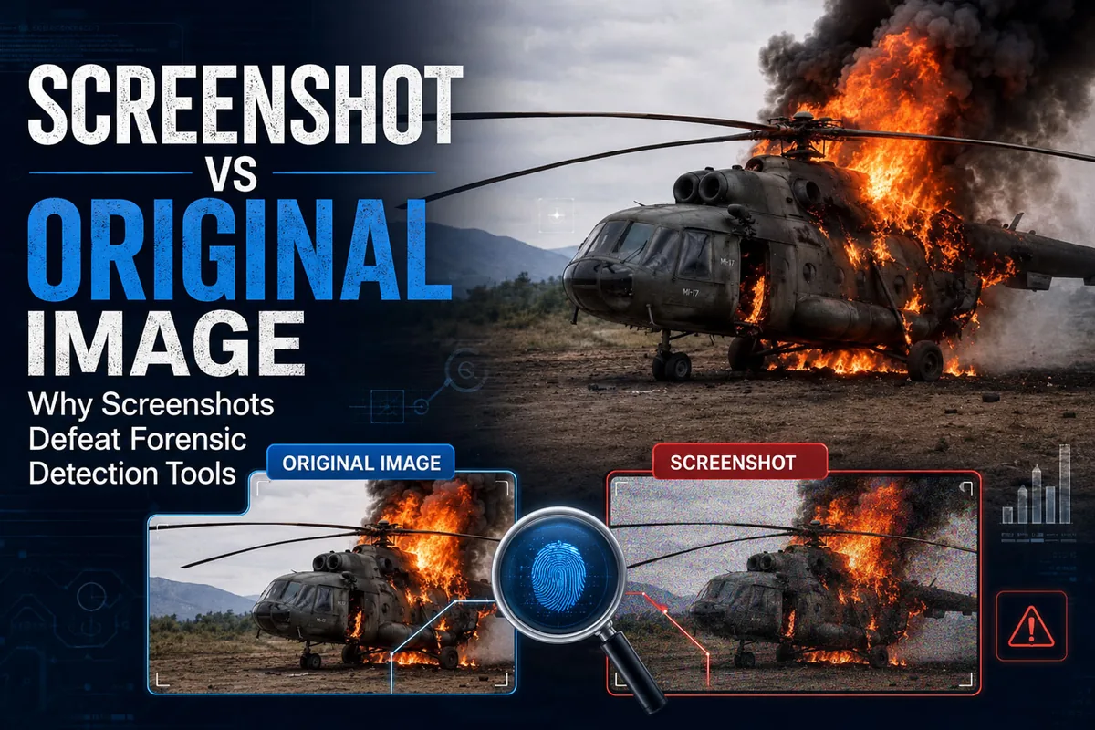 Screenshot vs original image forensic comparison showing why screenshots defeat image forensic detection tools