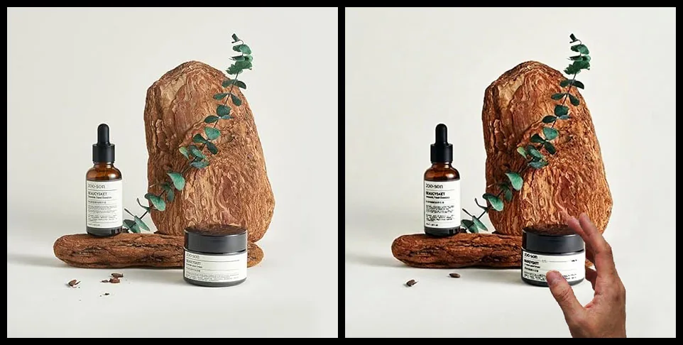 Original product photo beside an AI-generated version with an added hand