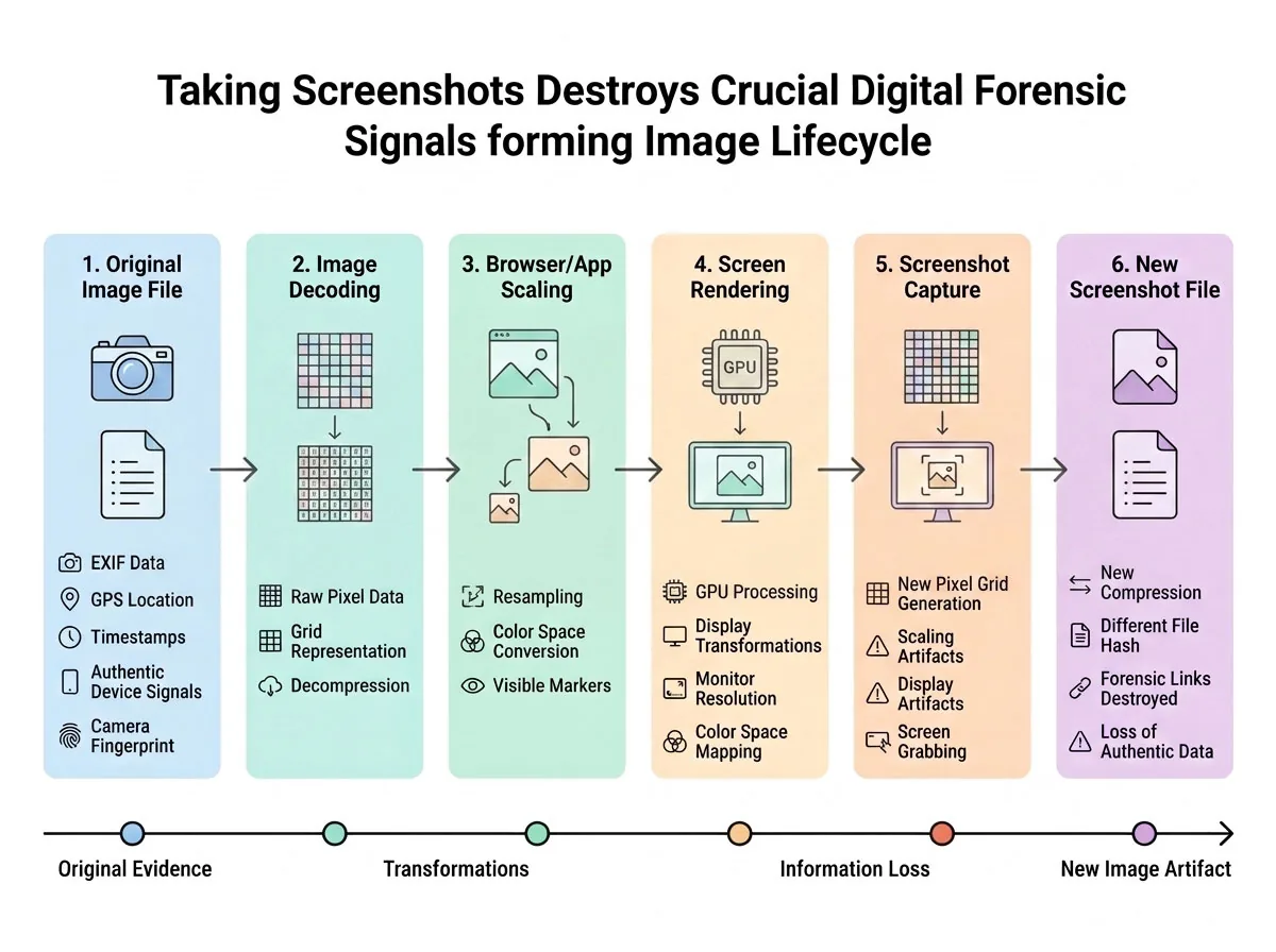 Diagram showing how the screenshot pipeline destroys metadata, compression history and pixel fingerprints