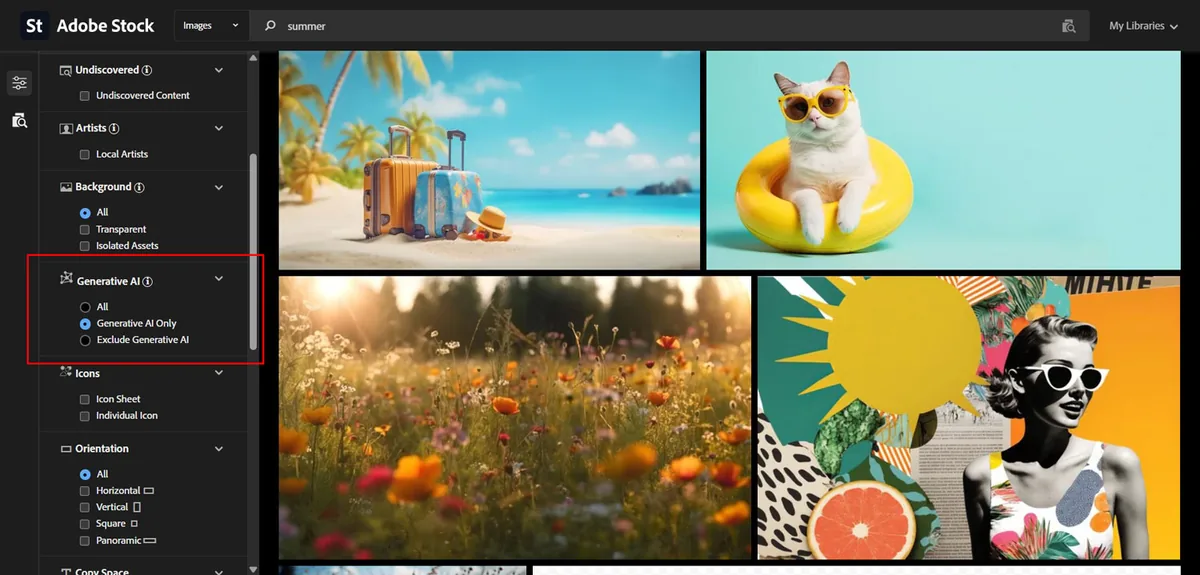 Stock photo listing page with generative AI label and AI filter controls highlighted