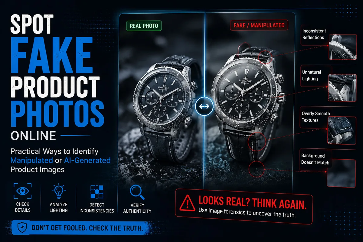 Spot fake product photos online by comparing real and manipulated product images with forensic analysis