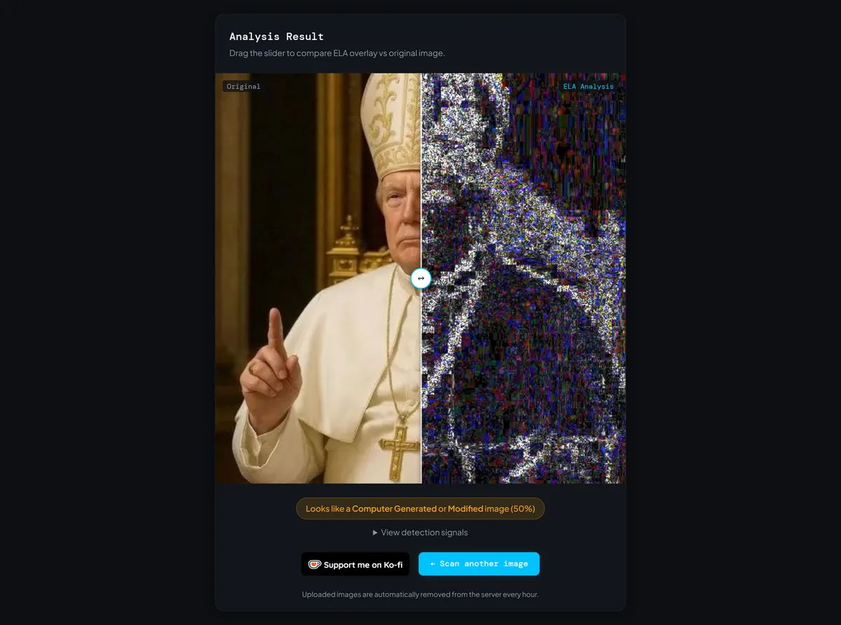 ELA result of the AI image of Trump as the Pope showing flattened noise and a 50% score