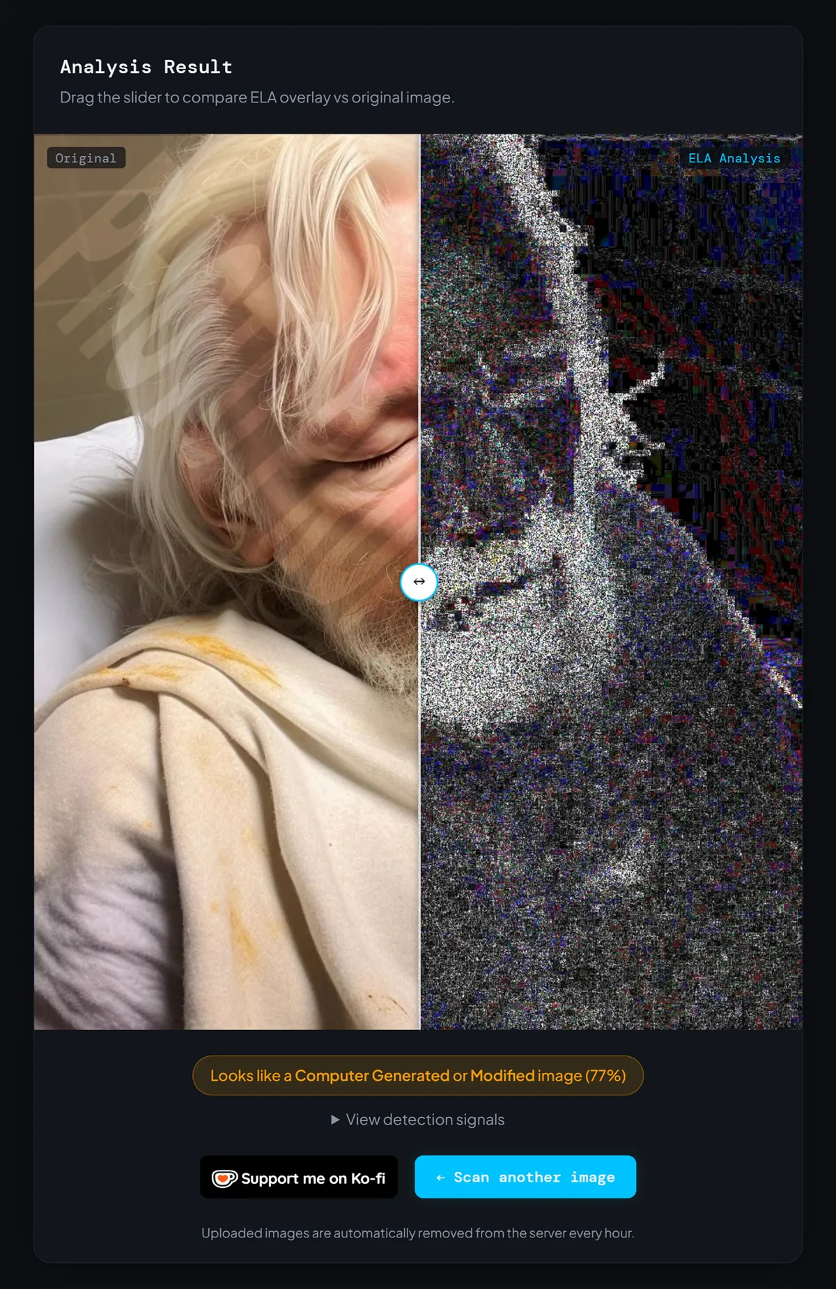 Fake Image Detector result showing an ELA overlay that flags the photo as computer generated at 77% confidence