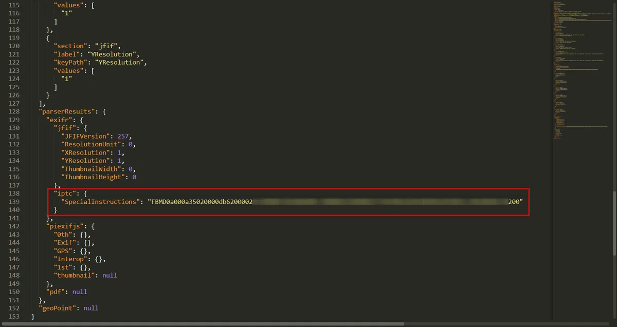 Metadata report of a Facebook processed JPEG showing the added IPTC Special Instructions field containing an FBMD hex string