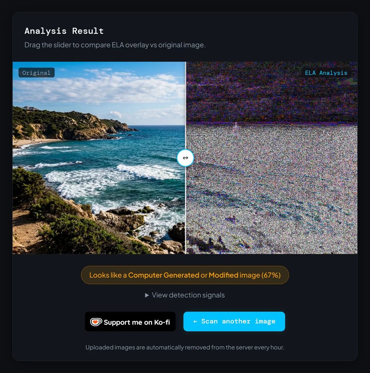 ELA scan of an AI-generated coastal image showing a 67% computer generated or modified result