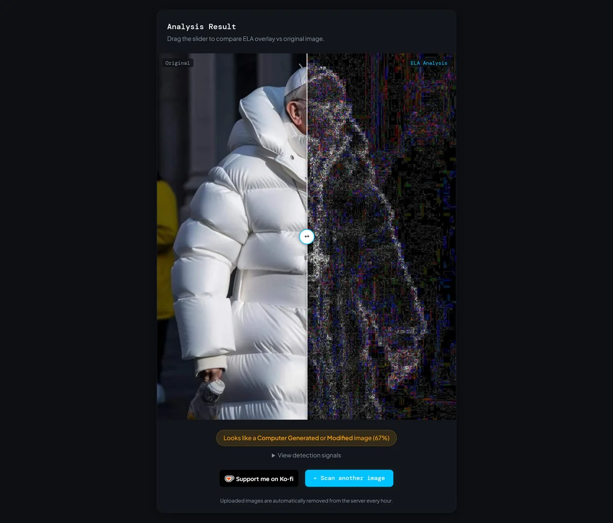 ELA map of the AI Pope puffer jacket photo with a bright outline tracing the coat and a 67% score
