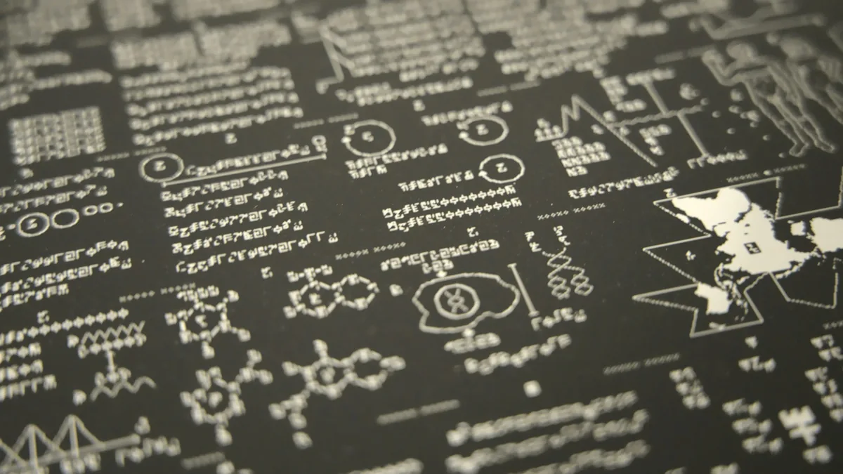 Close-up perspective of a dark print featuring Cosmic Call interstellar radio message symbols and diagrams
