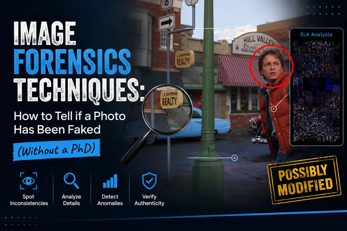 Illustration of image forensic analysis tools detecting a possibly modified photo