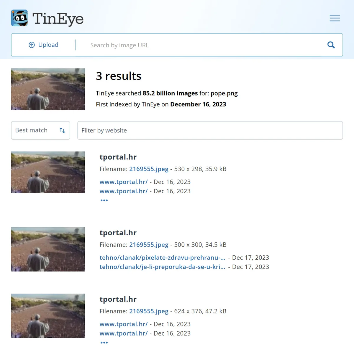 Reverse image search results with the oldest known posting date circled