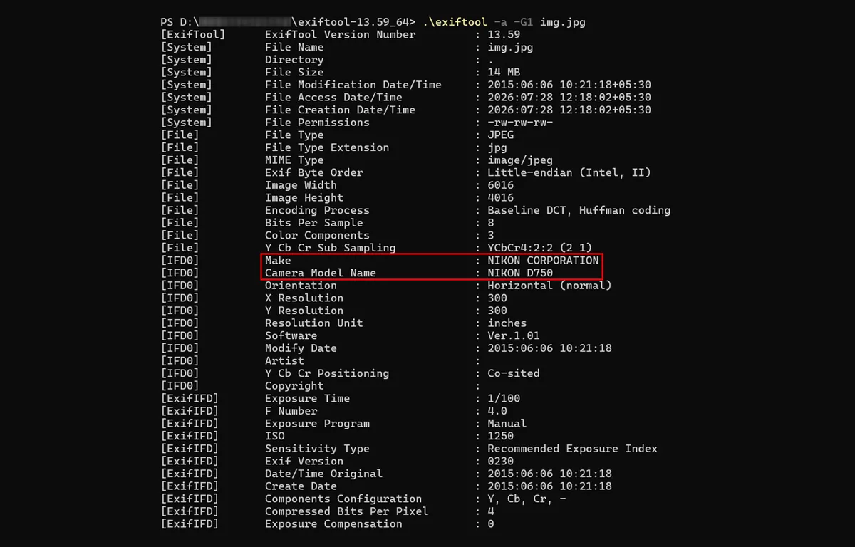 Image metadata panel with camera model highlighted during a moderation check
