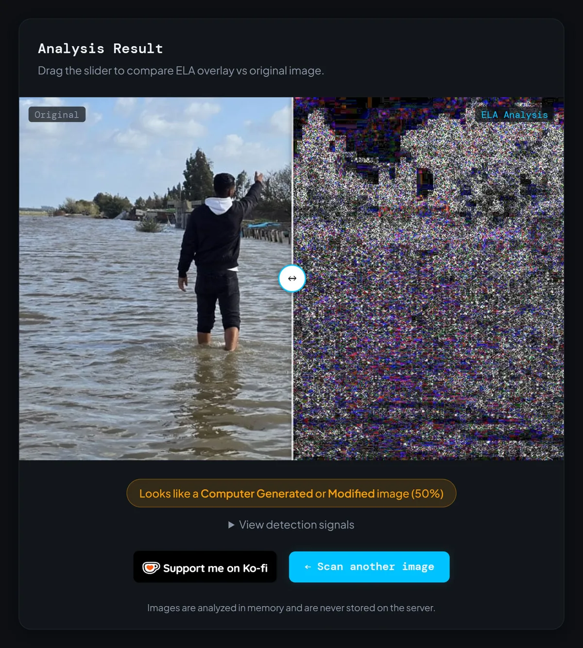 Comparison highlighting common AI artifacts in a generated disaster image next to a real news photograph