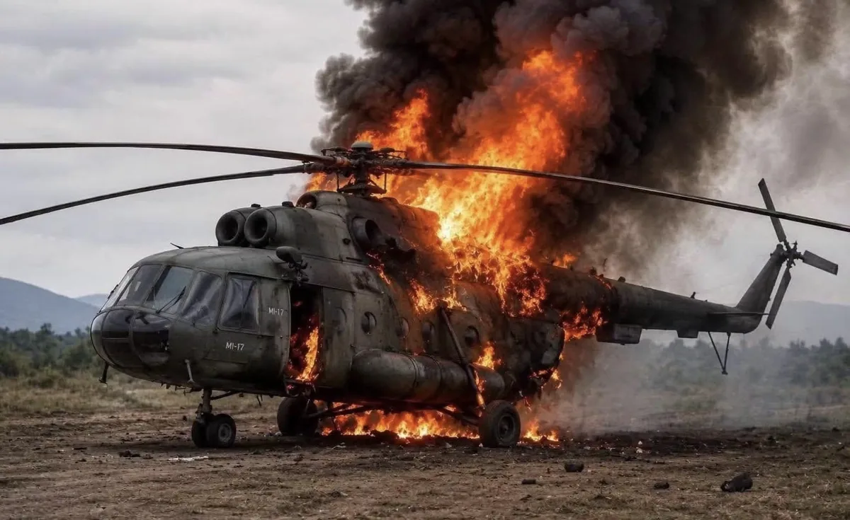 AI-generated image of a Myanmar military Mi-17 helicopter on fire, falsely shared as a real drone strike