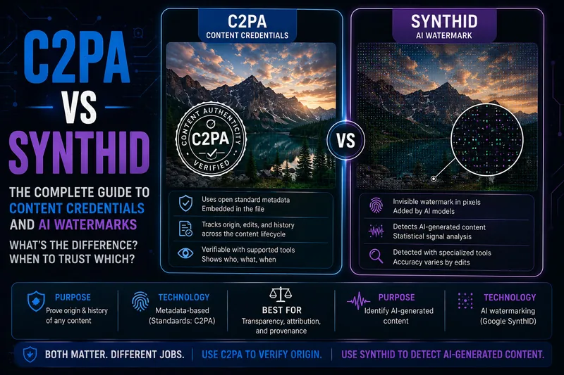 C2PA vs SynthID comparison showing content credentials and AI watermark verification methods