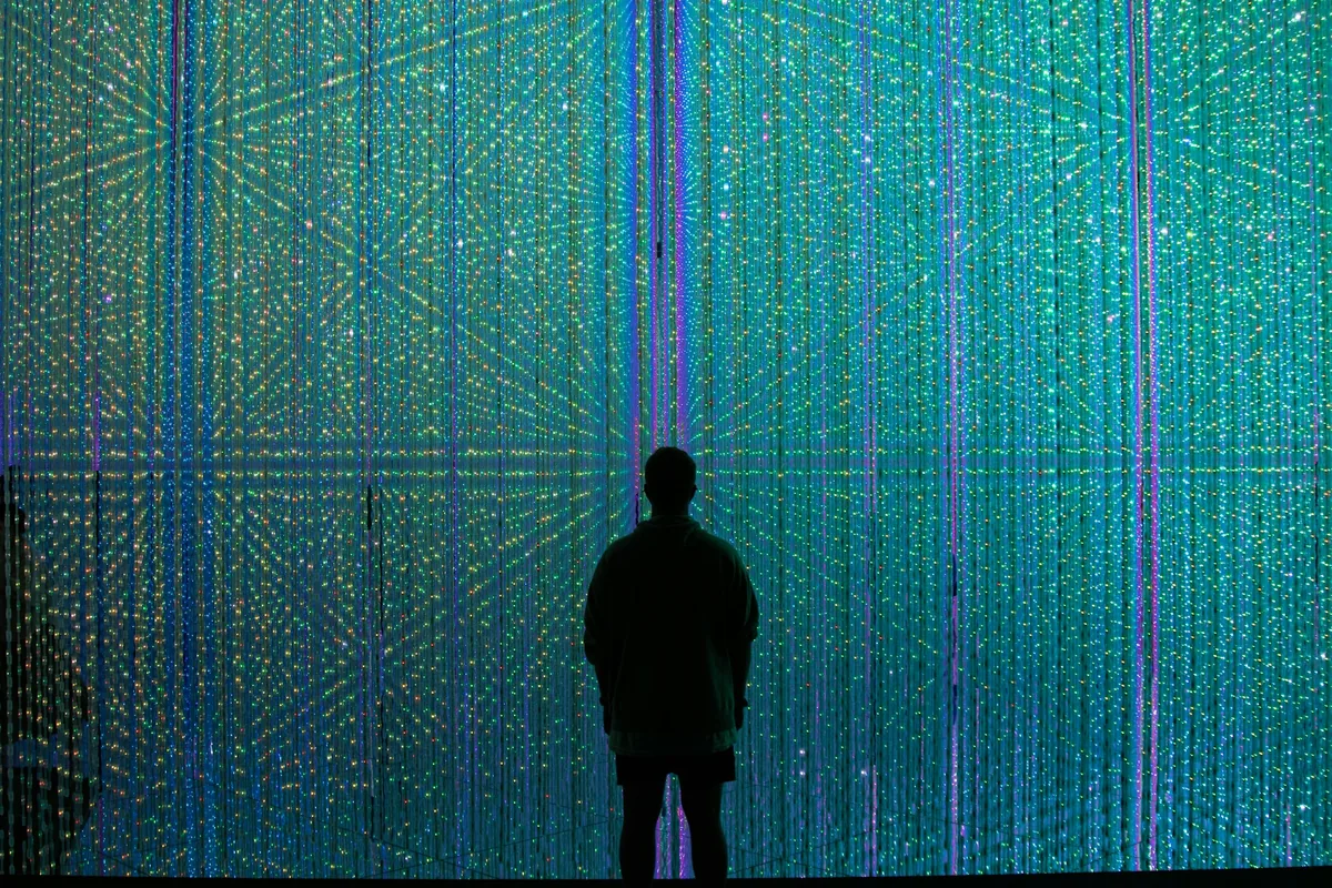 Silhouette of a person standing inside an immersive light art installation with thousands of glowing LEDs