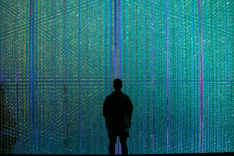 Silhouette of a person standing inside an immersive light art installation with thousands of glowing LEDs