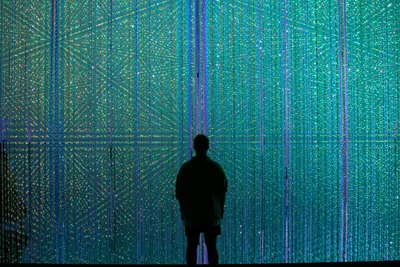Silhouette of a person standing inside an immersive light art installation with thousands of glowing LEDs
