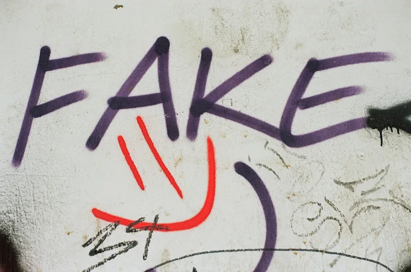 Purple spray-painted graffiti spelling the word "FAKE" with a red smiley face on a textured wall