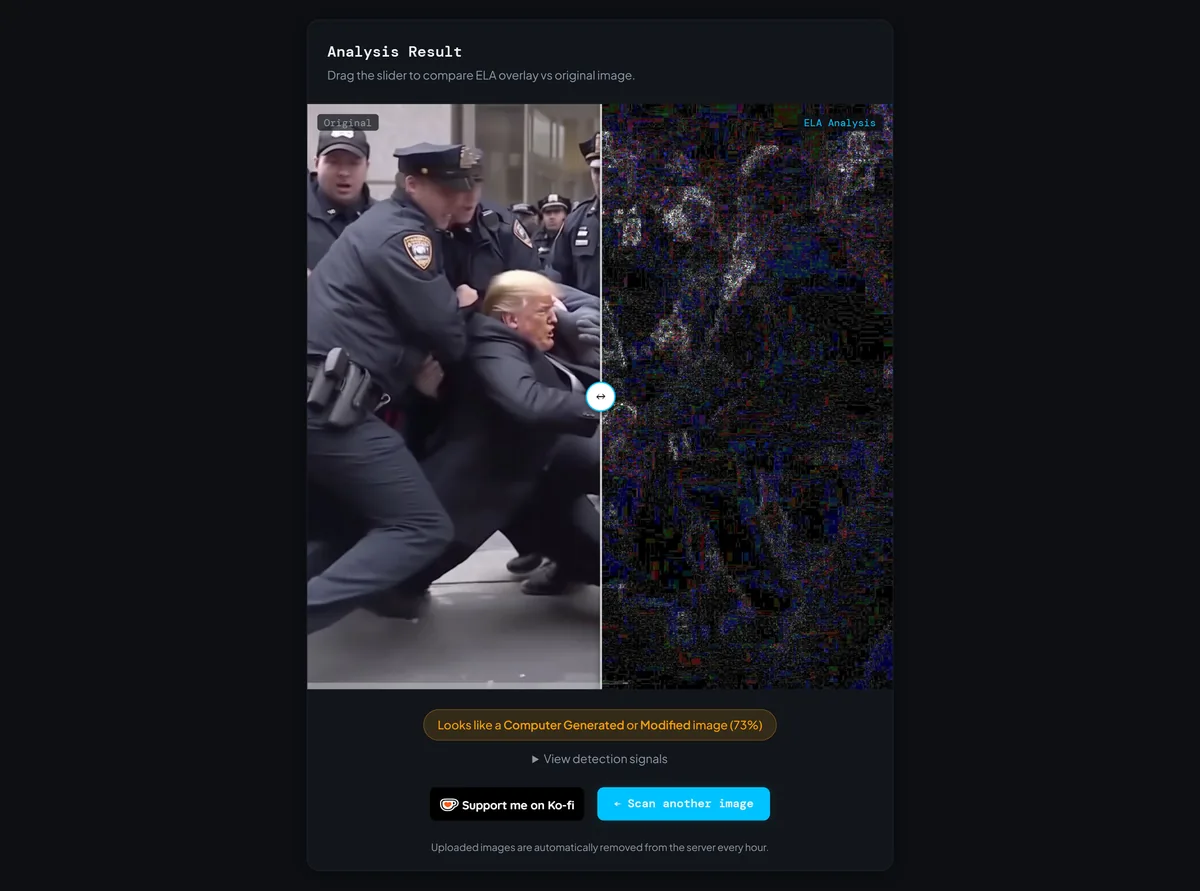 Error level analysis result of the fake Trump arrest photo showing bright halos around each figure and a 73% score
