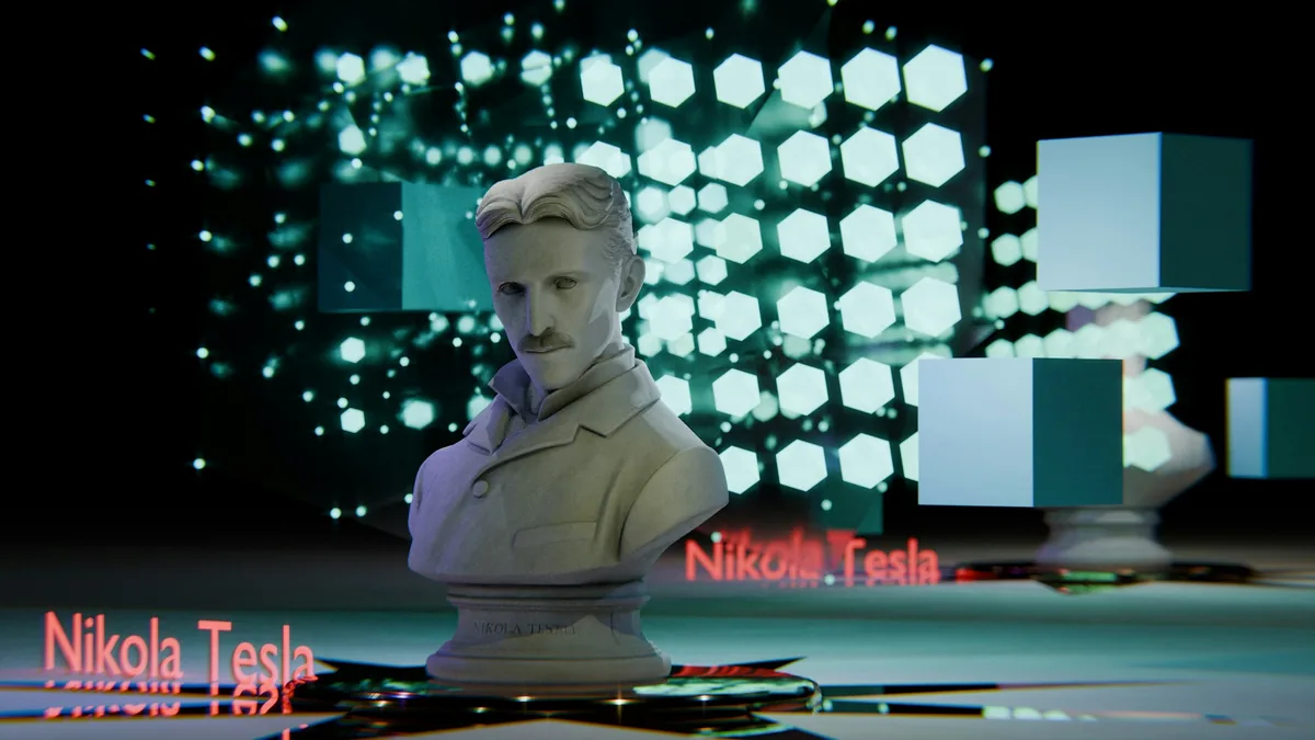 D render of a Nikola Tesla bust set within a dark, sci-fi digital backdrop with glowing geometric elements