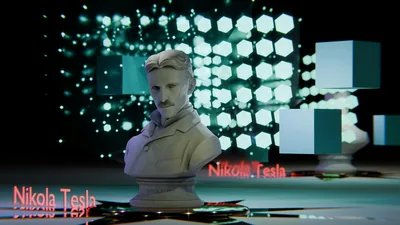 D render of a Nikola Tesla bust set within a dark, sci-fi digital backdrop with glowing geometric elements