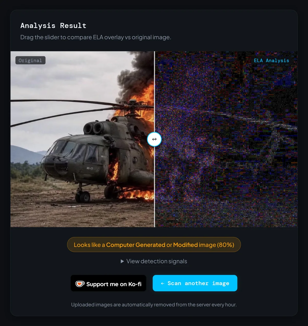 Fake image detector flagging the original helicopter file as computer generated with 80 percent confidence
